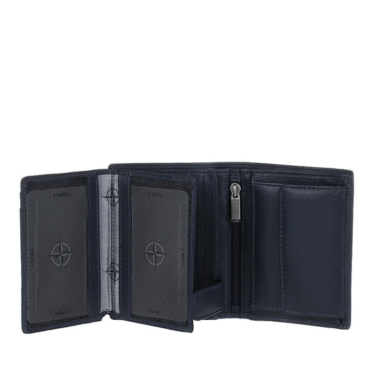 Tony Perotti Cortina 5054 navy opened with both document panels swung out — the zipped pocket and the snap coin pocket beside them