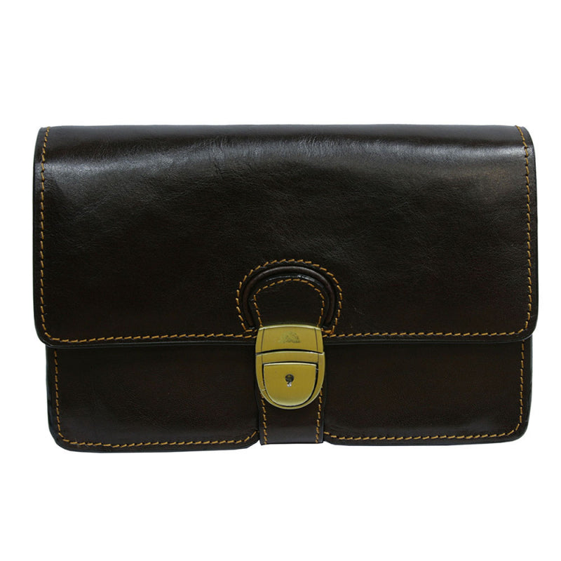 Brown Tony Perotti Italico 8263 leather clutch seen straight on — glossy leather, contrasting tan stitching and the aged-brass clasp lock