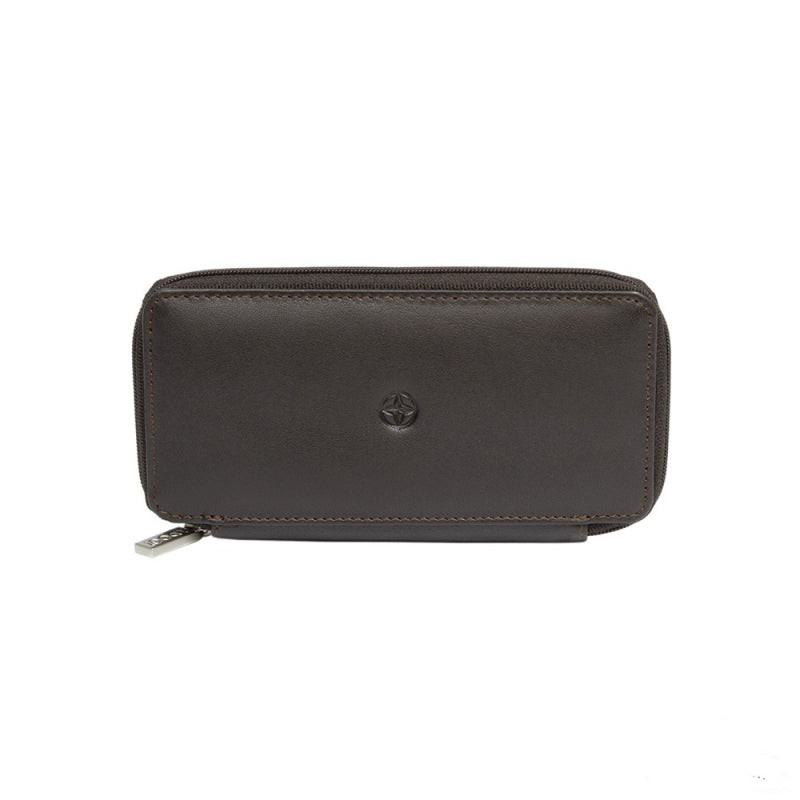 Tony Perotti Cortina 5026 moro — dark brown leather zip-around key case closed, compass-rose emblem embossed on the front