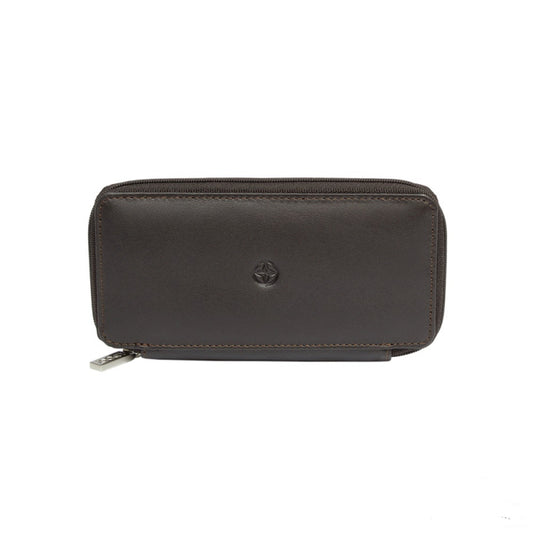 Tony Perotti Cortina 5026 moro — dark brown leather zip-around key case closed, compass-rose emblem embossed on the front