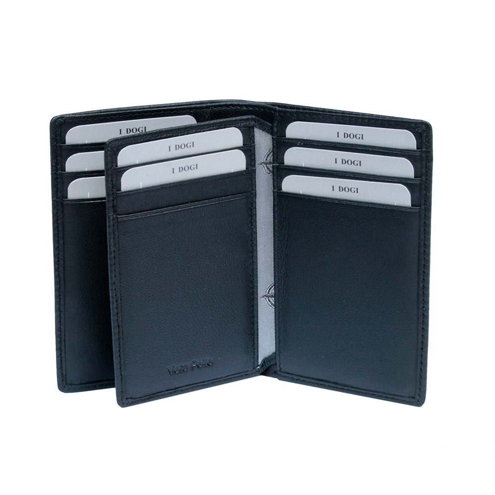 Black Cortina 5065 card wallet open showing the flip-out card panel