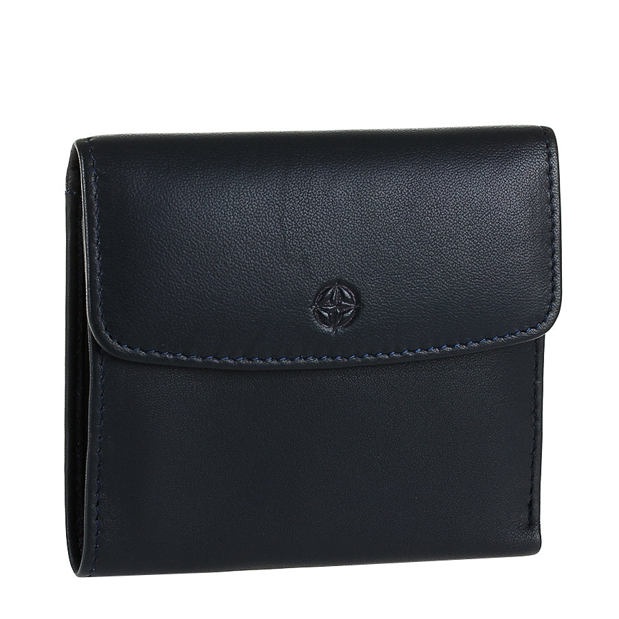 Open navy leather bifold wallet with card slots and ID window — Tony Perotti Cortina 5087
