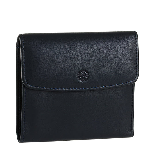Open navy leather bifold wallet with card slots and ID window — Tony Perotti Cortina 5087