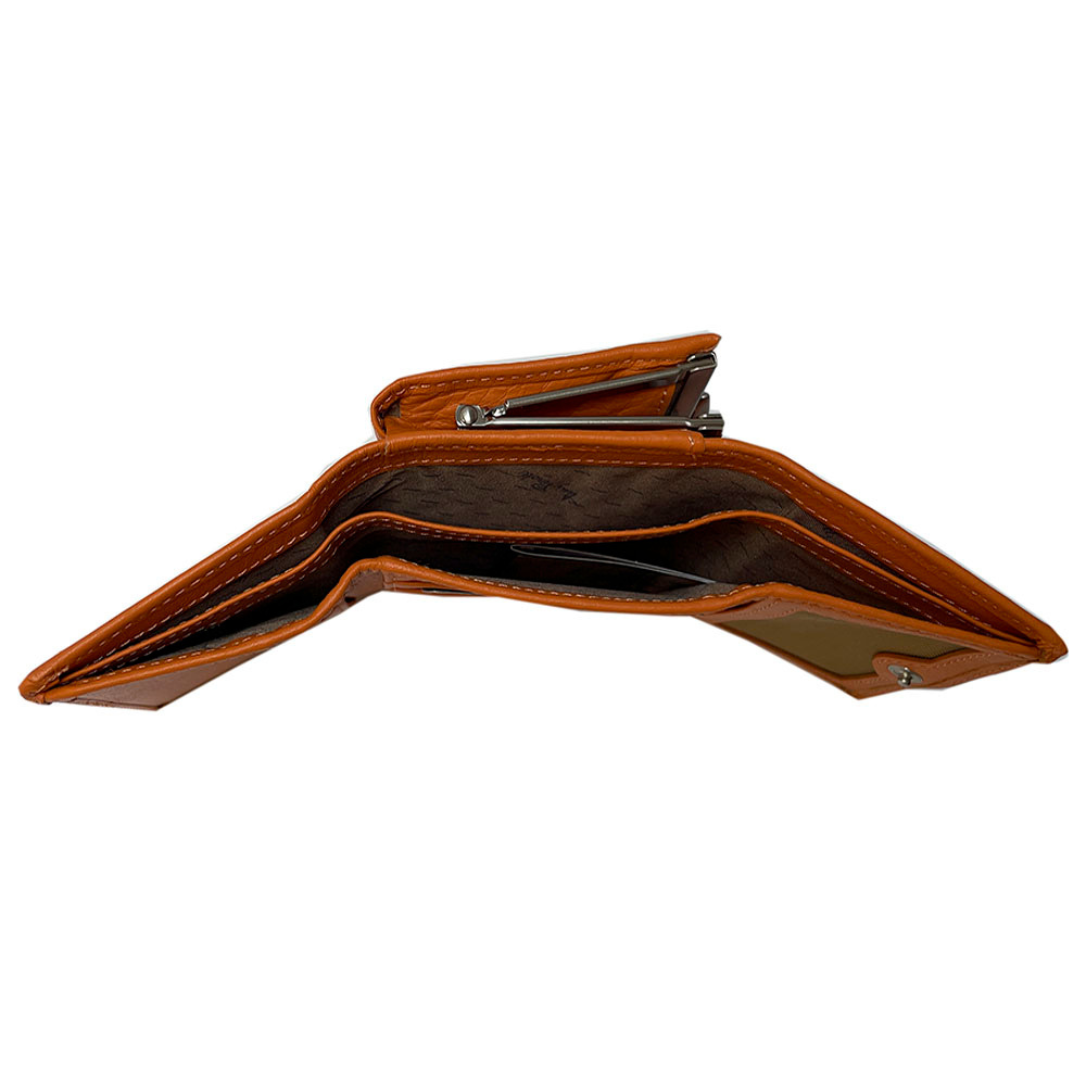Tony Perotti orange trifold wallet — open side profile showing interior sections