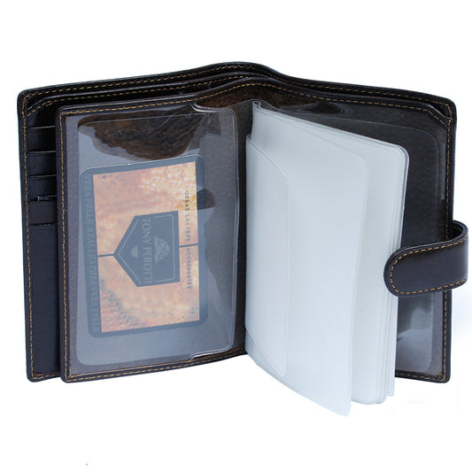 Tony Perotti Italico 2242 moro passport wallet with the inner leaf opened like a book — clear sleeve on one side and the frosted insert booklet on the other