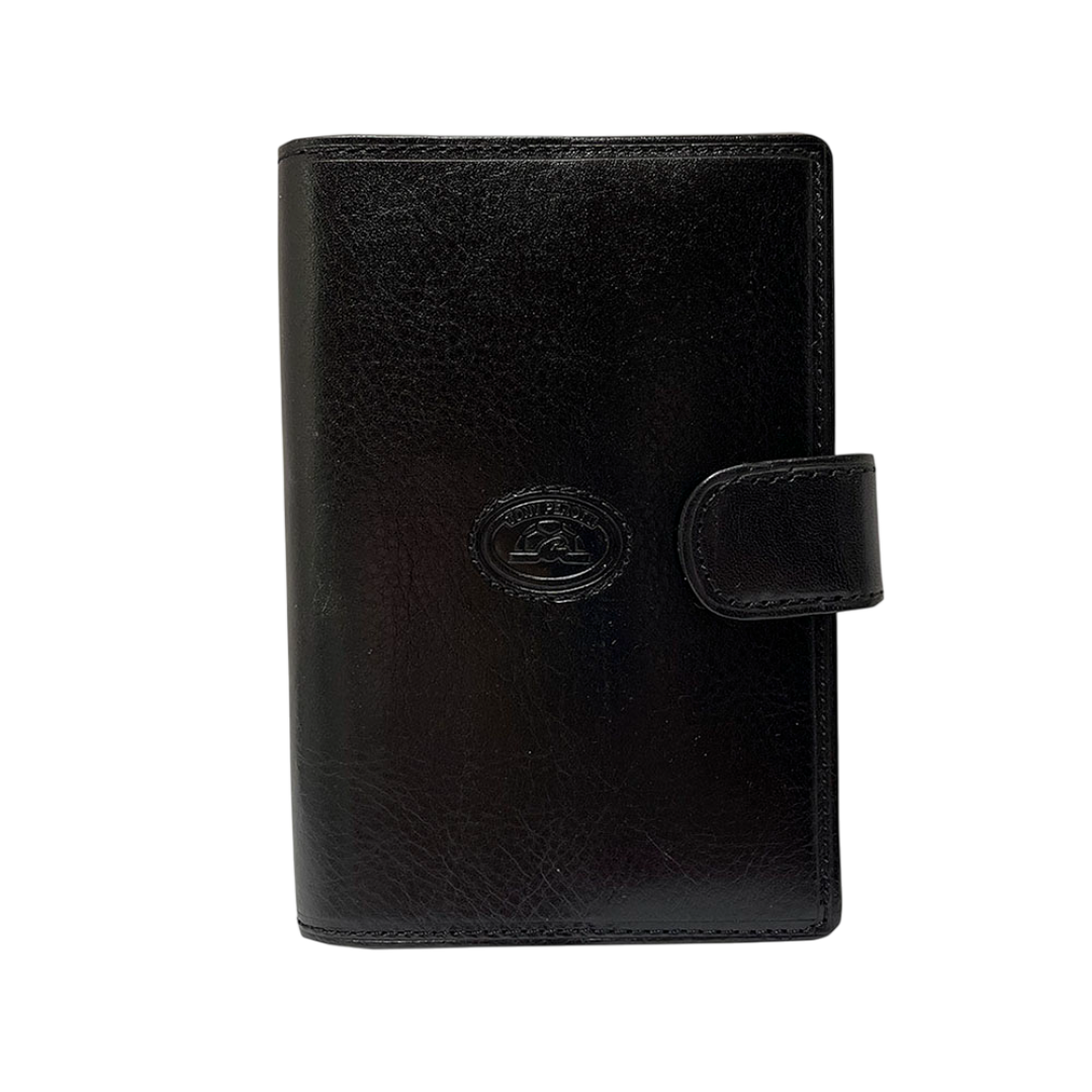 Black leather car document holder Tony Perotti Italico 1424A nero — front with the embossed oval turtle emblem and the closure tab