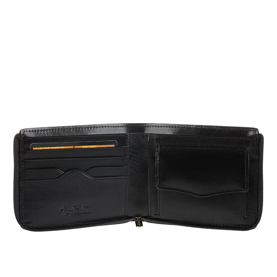Black leather wallet Tony Perotti Italico 3645 nero opened — 4 card slots and a flap coin pocket