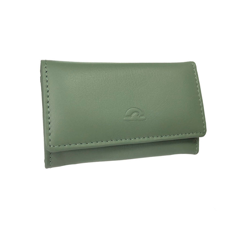 Tony Perotti New Rainbow 1117 salvia — sage green leather key case closed, the turtle emblem embossed on the flap