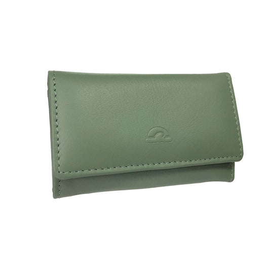 Tony Perotti New Rainbow 1117 salvia — sage green leather key case closed, the turtle emblem embossed on the flap