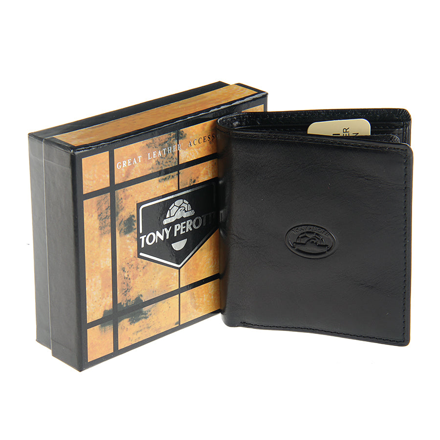 Tony Perotti Italico 2112 nero black leather wallet standing open beside its printed orange Tony Perotti gift box