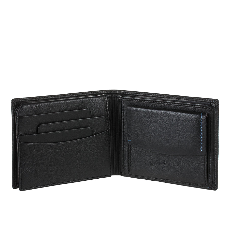Open Tony Perotti Timone 11012 black wallet with card slots on the left and a flap coin pocket on the right