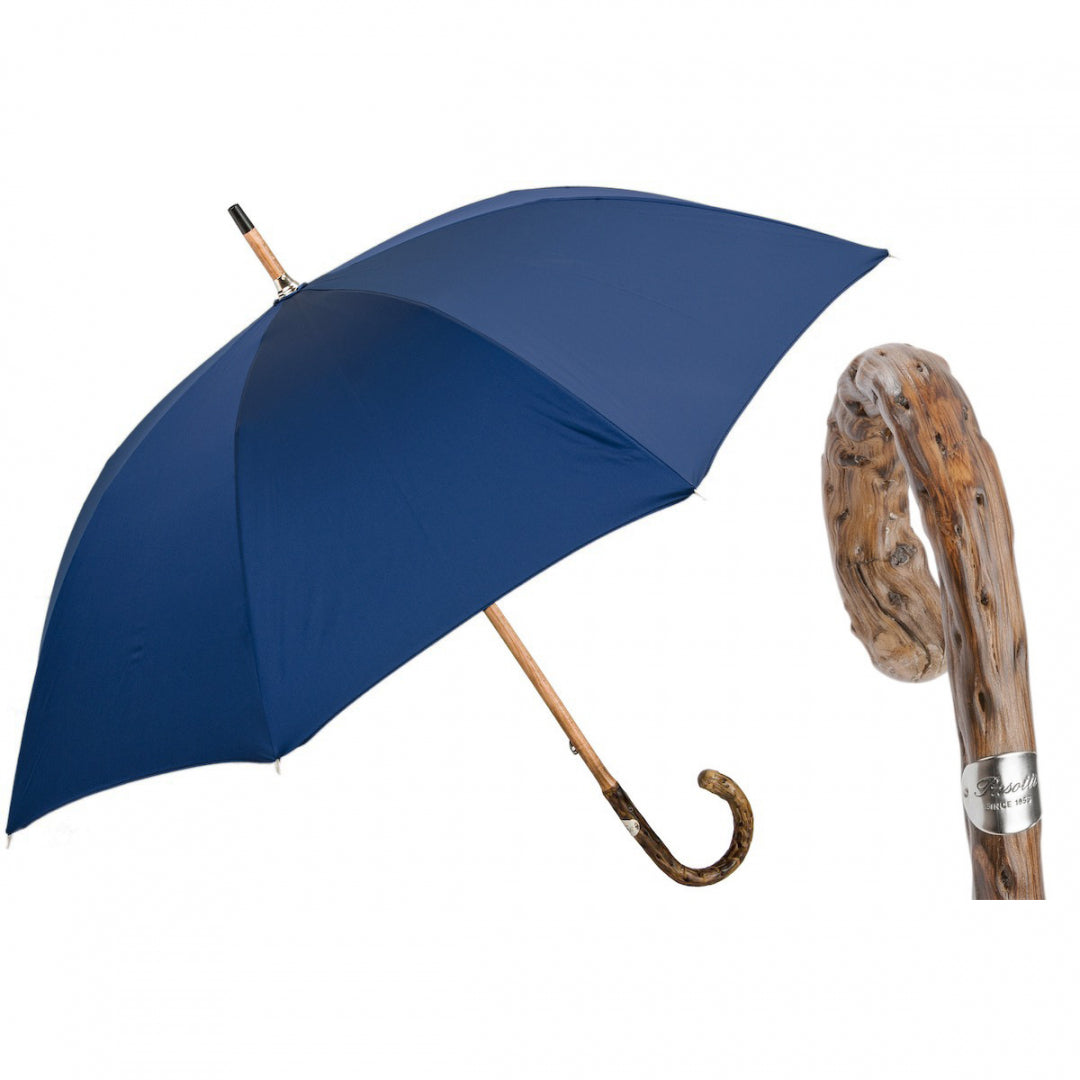 Pasotti men's navy umbrella with gorse wood crook handle, open, with a close-up of the handle — 476F Oxf-14 G