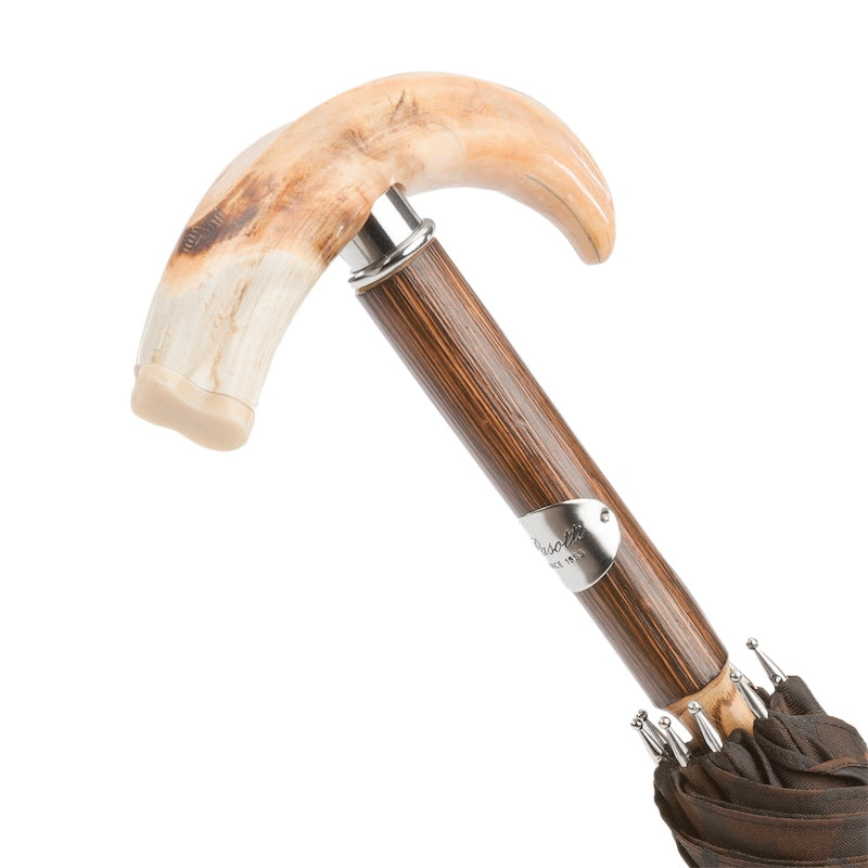 Warthog tusk handle on a silver-tone collar above a striped wooden grip with Pasotti plaque, handcrafted in Italy