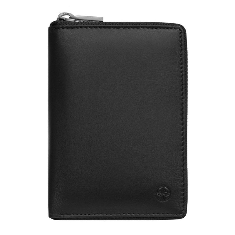 Black Tony Perotti Cortina 5086 compact zip-around wallet seen straight on, closed, with the embossed compass rose in the lower corner