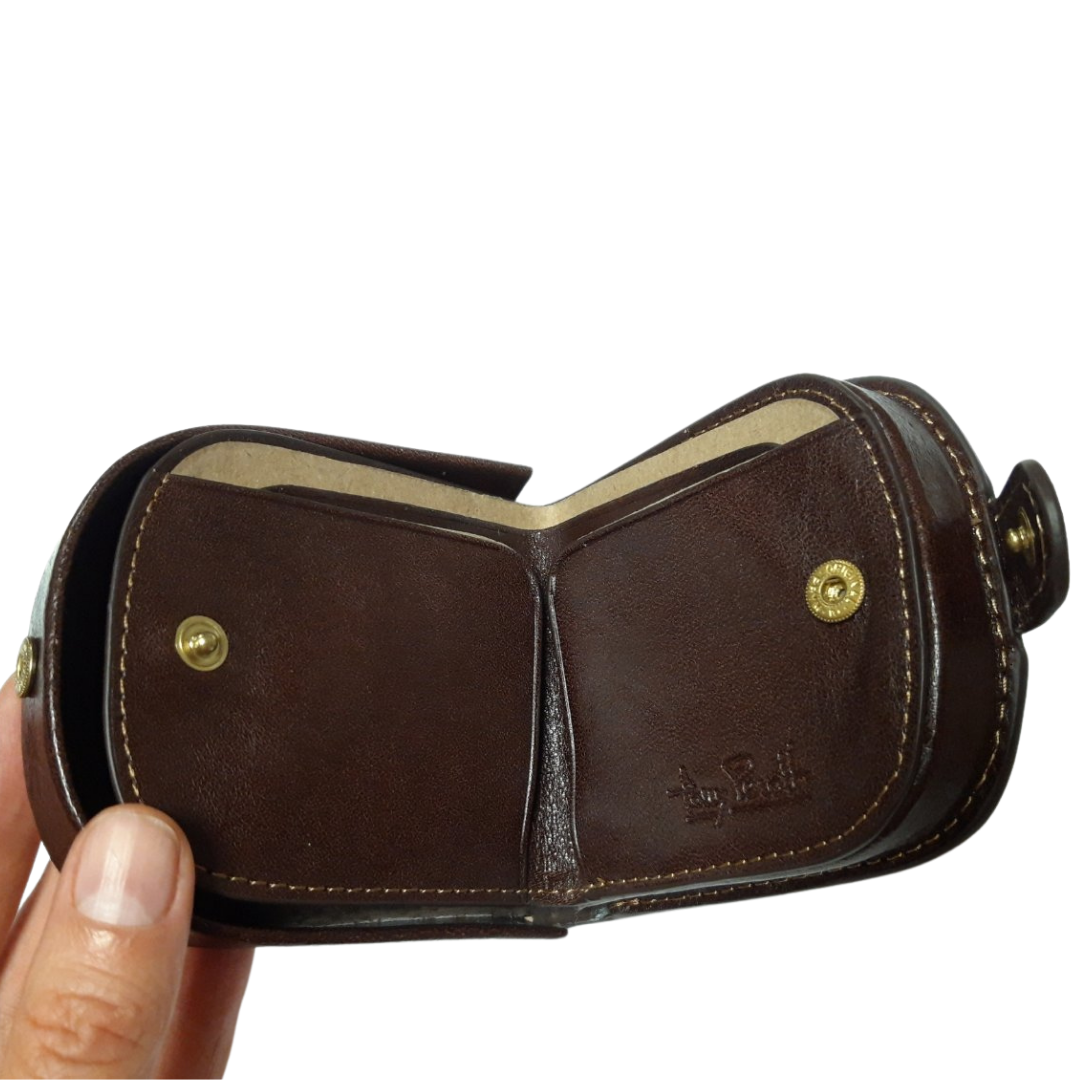 Tony Perotti Italico 2086 moro coin purse with the inner note leaves spread open, showing the embossed signature and snaps