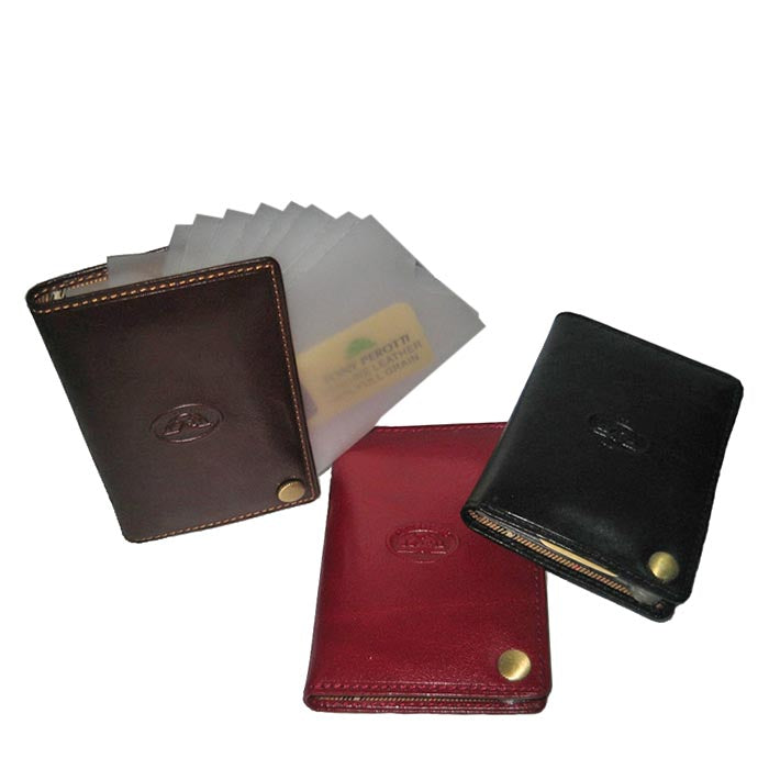 Italico 2028 business card holders in brown, red and black with fanned sleeves — Tony Perotti
