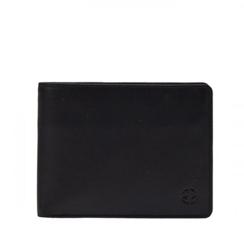 Black Tony Perotti Cortina 5012 leather bifold wallet seen straight on, closed, with the embossed compass rose in the lower corner
