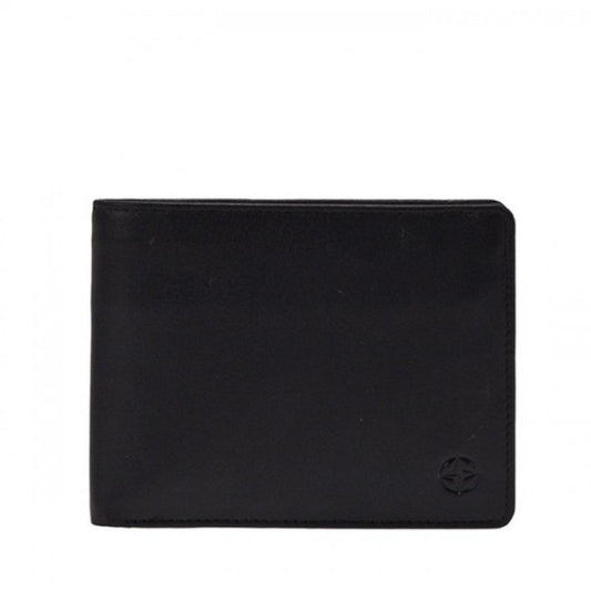 Black Tony Perotti Cortina 5012 leather bifold wallet seen straight on, closed, with the embossed compass rose in the lower corner