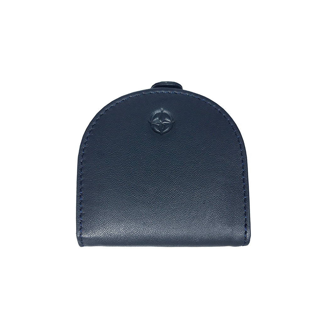 Navy Tony Perotti Cortina 5070 navy coin pouch seen straight on — horseshoe outline and the embossed compass rose