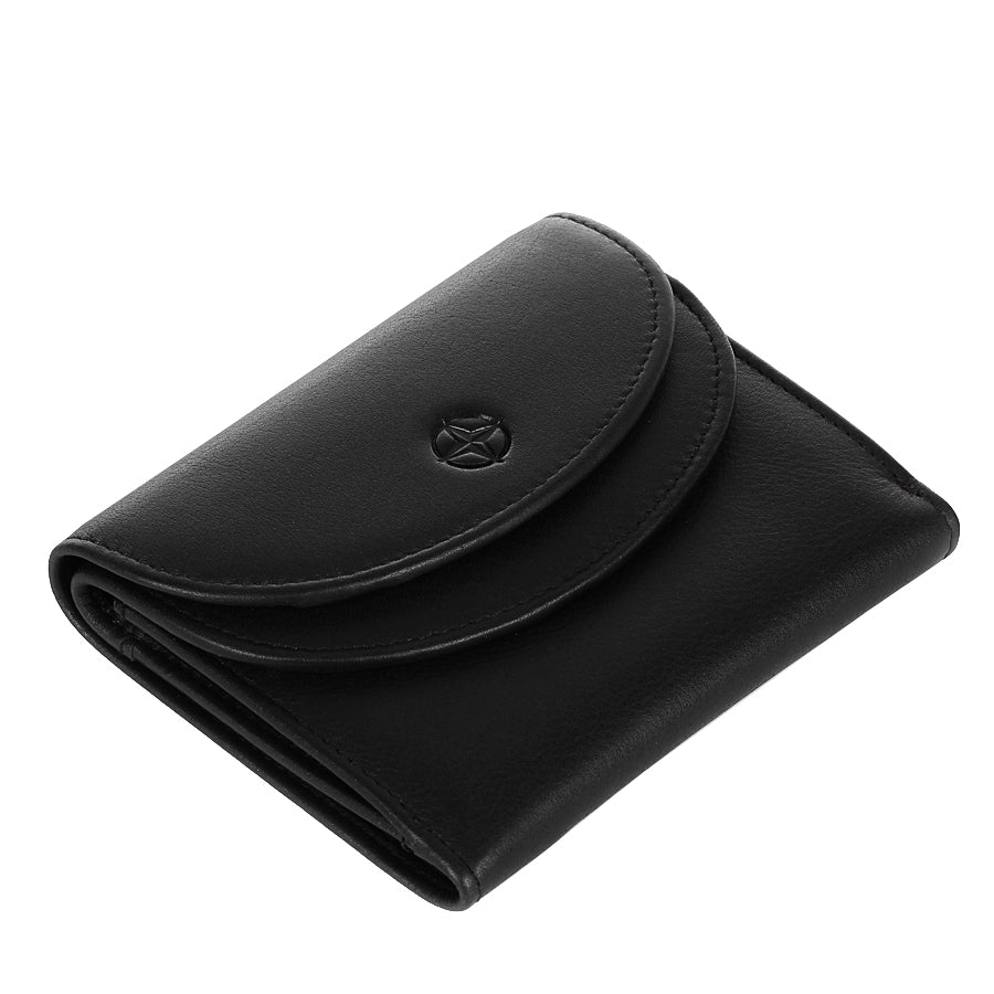 Black Tony Perotti Cortina 5055 wallet lying closed, seen from above — the rounded flap and the layered folds