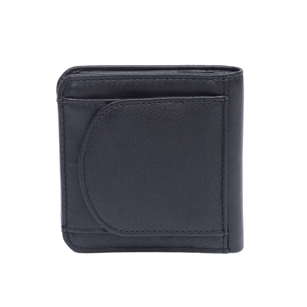 Back of the black Tony Perotti Cortina 5019 wallet with the rounded coin-pocket flap on its press stud