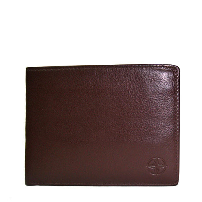 Dark brown Tony Perotti Cortina 5053 leather bifold wallet seen straight on, closed, with the embossed compass rose in the lower corner