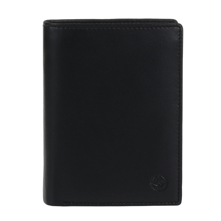 Black Tony Perotti Cortina 5031 vertical bifold wallet seen straight on, closed, with the embossed compass rose in the lower corner