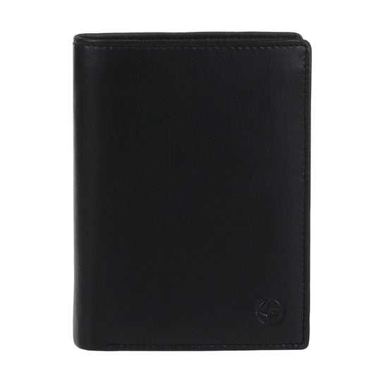 Black Tony Perotti Cortina 5031 vertical bifold wallet seen straight on, closed, with the embossed compass rose in the lower corner
