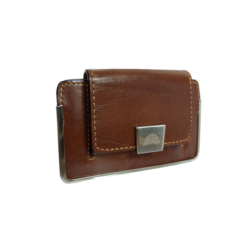 Tony Perotti Italico 2286 cognac — the cognac leather business card case closed, showing the metal frame at the corners