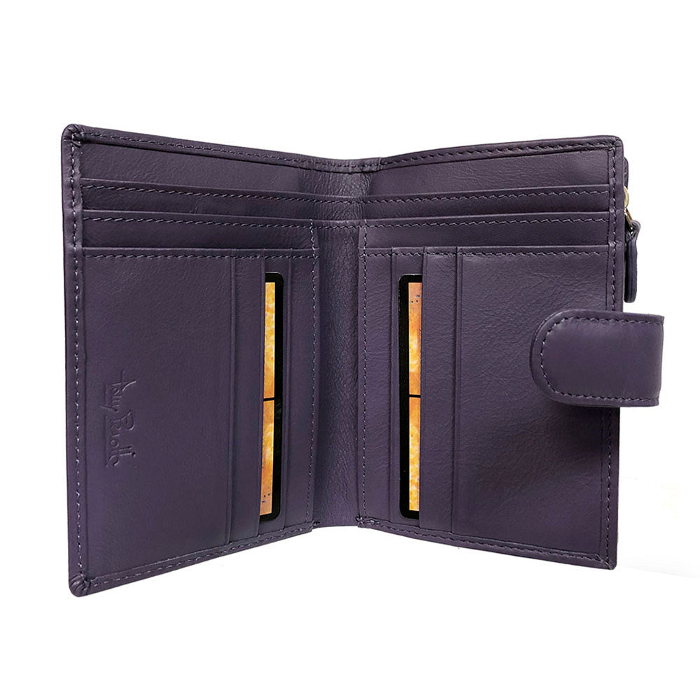 Purple New Rainbow 1654 wallet open showing 8 card slots and document pockets