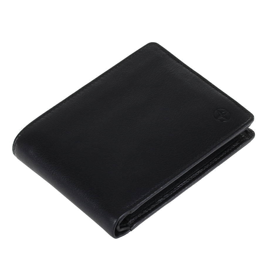 Black Tony Perotti Cortina 5053 wallet lying closed, seen from above — the fold and the slim profile