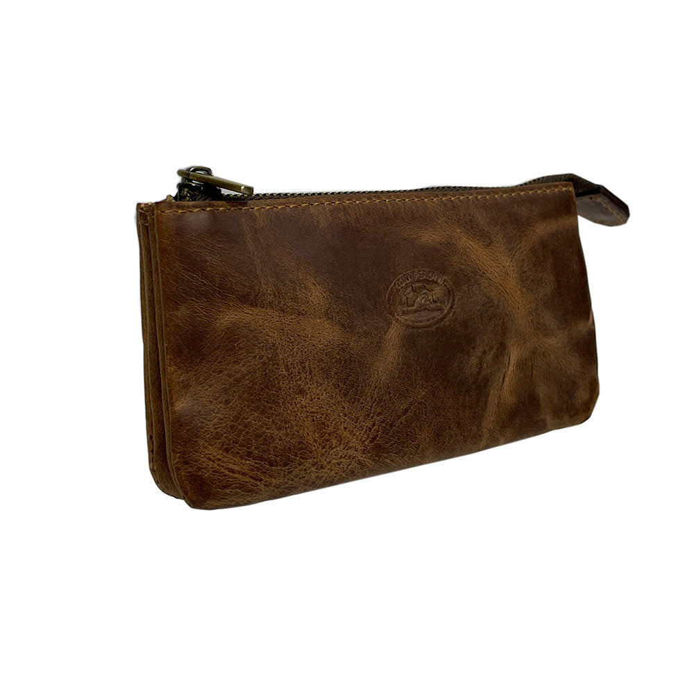 Tan Arno 3350 key case at an angle — vintage-look cowhide with pronounced tonal shading