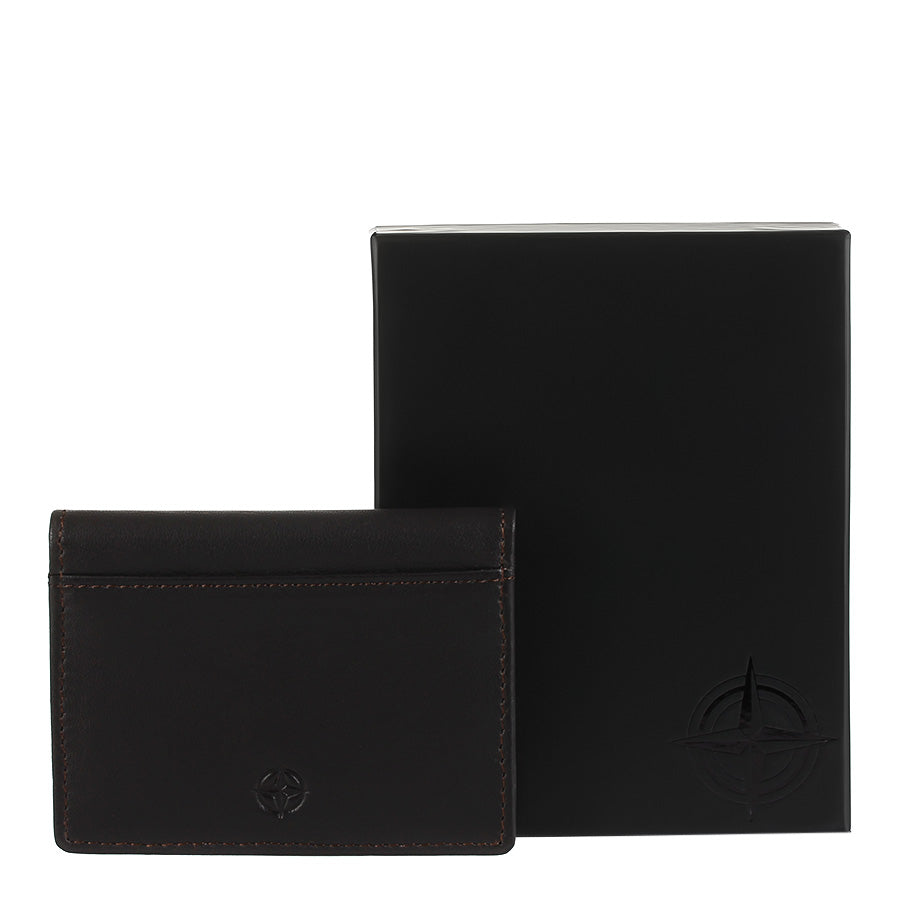 Tony Perotti Cortina 5046 moro — the card wallet next to its black Cortina gift box embossed with the compass emblem