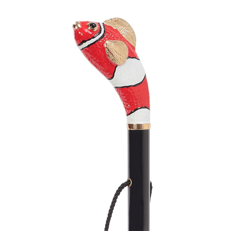 Red fish handle above a gold-tone collar and black shaft with cord, handcrafted in Italy