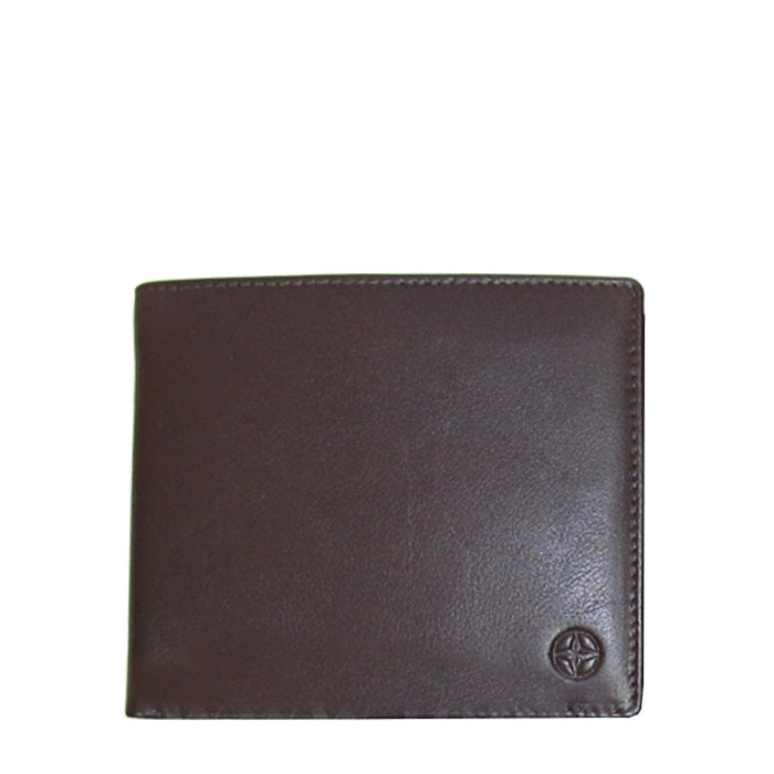 Dark brown Tony Perotti Cortina 5068 leather card wallet seen straight on, closed, with the embossed compass rose in the lower corner