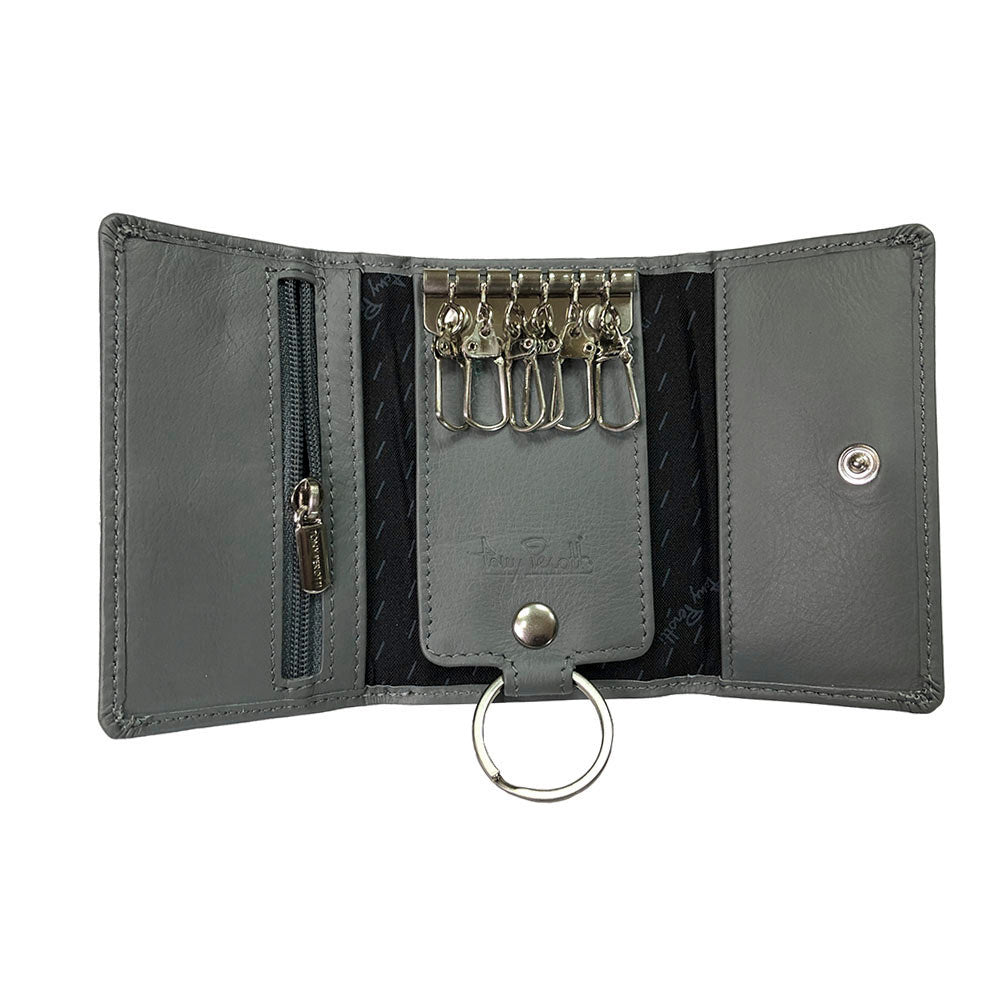 Tony Perotti New Rainbow 1117 grigio — opened flat: the six empty hooks, the zip pocket on the left and the ring on its leather tab