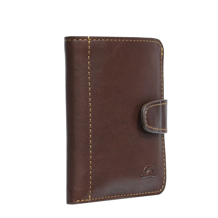 Tony Perotti Nevada 3796+RFID moro dark brown leather card holder — closed, three-quarter view with strap tab