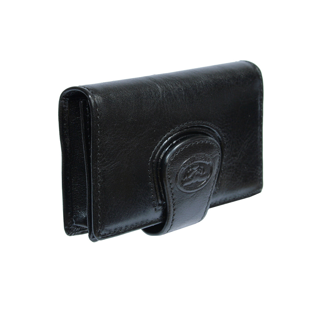 Accademia 1440 nero at an angle — the depth of the case and the flap tab closed over the front