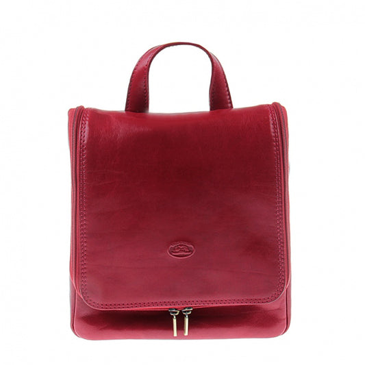 Tony Perotti Italico 8220 rosso red leather toiletry bag — front view with embossed turtle emblem and carry handle