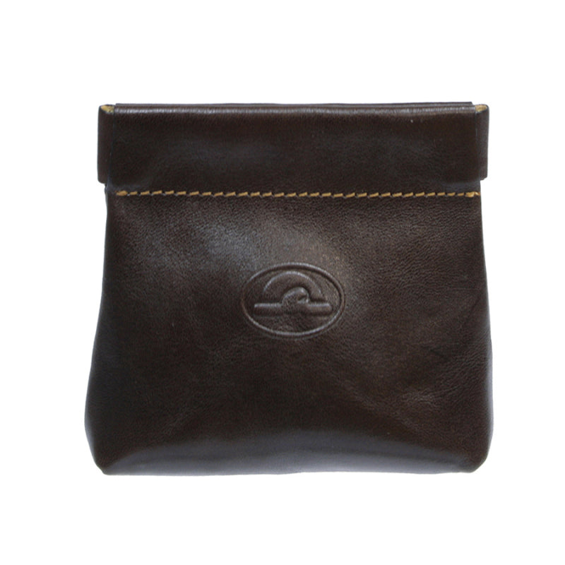 Dark brown leather coin pouch Tony Perotti Italico 1615 moro — front with the embossed turtle emblem and cream contrast stitching along the top band