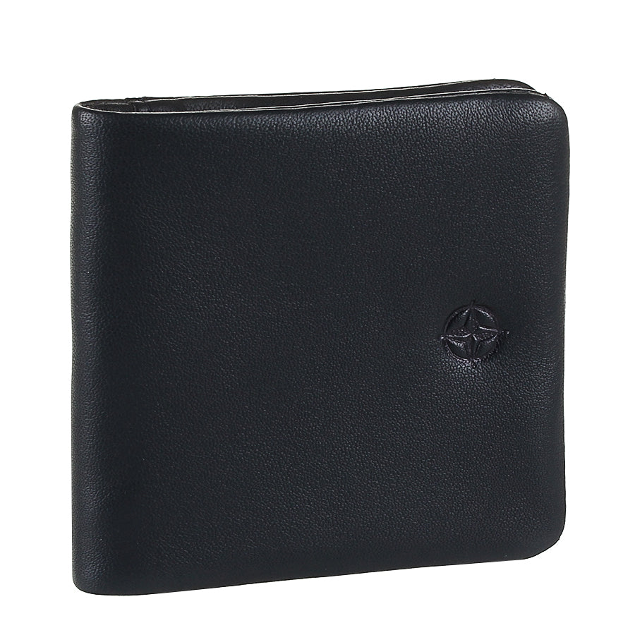 Navy Tony Perotti Cortina 5080 navy coin pouch at an angle showing the fold and the pebbled grain