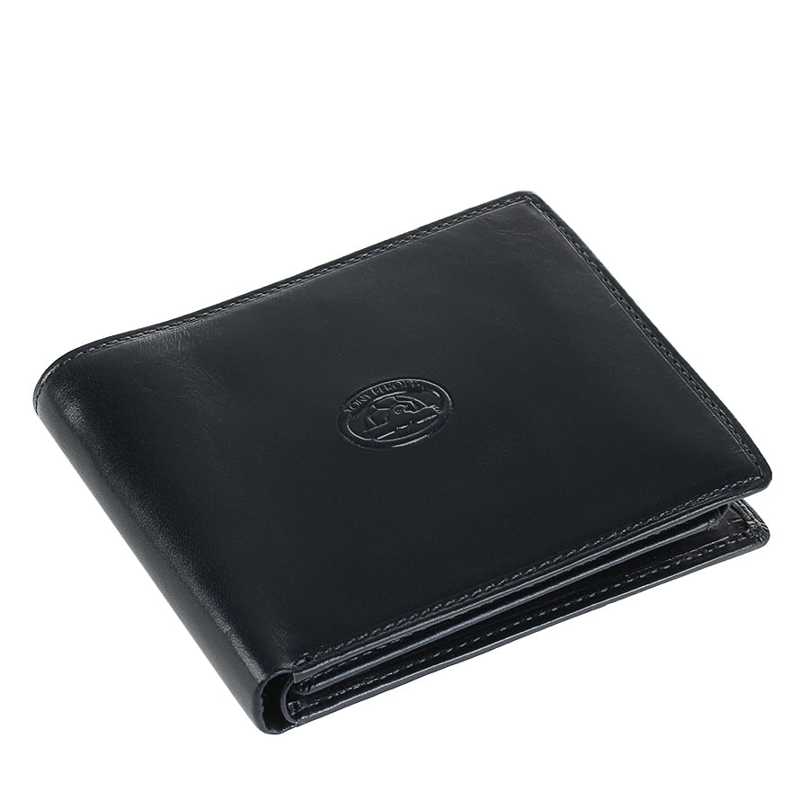 Navy blue leather bifold wallet Tony Perotti Italico 3620 navy — closed, angled top view of the edges