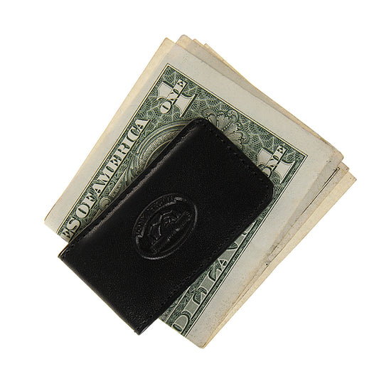 Black money clip holding a stack of U.S. dollar bills on a white background