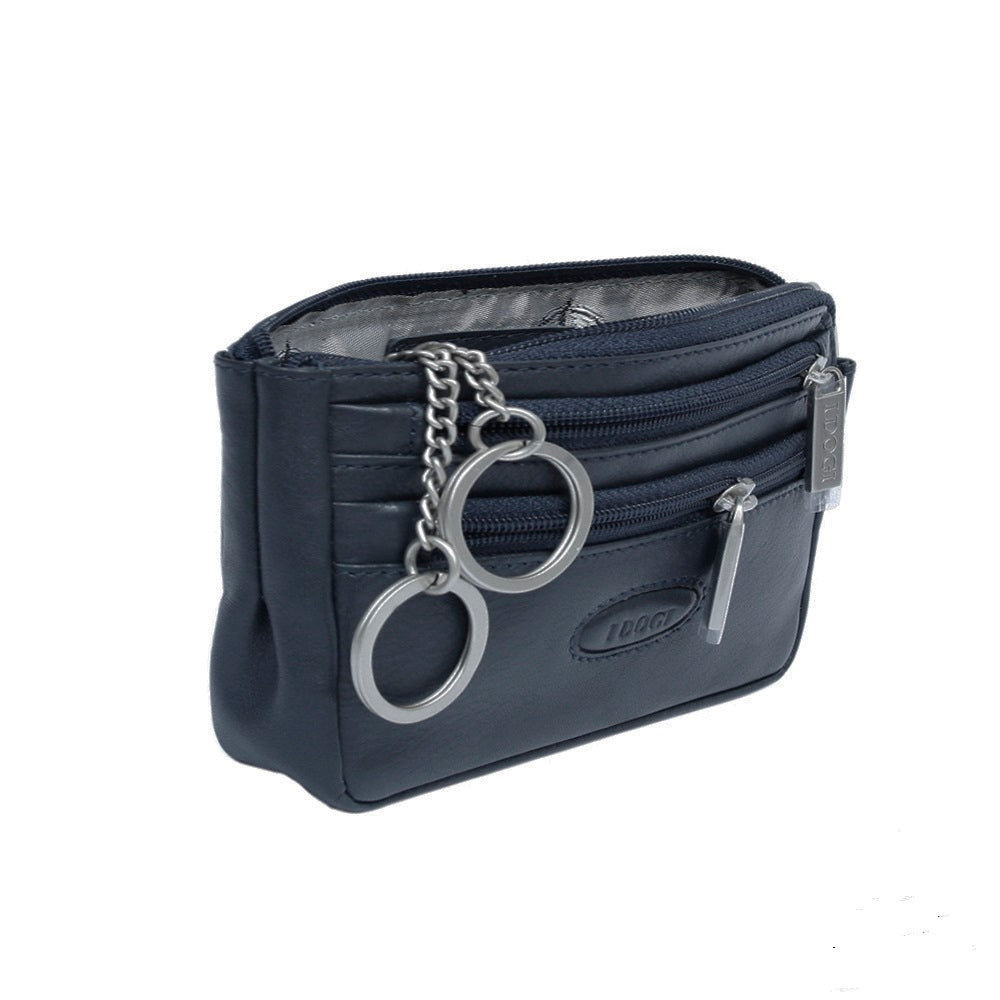 Navy leather key pouch open, showing the main compartment and key rings — Tony Perotti Cortina 5016 navy