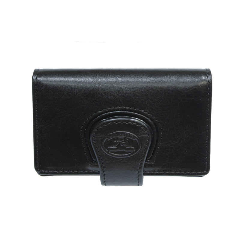 Tony Perotti Accademia 1440 nero black leather business card holder — front, with the flap tab carrying the embossed oval turtle emblem