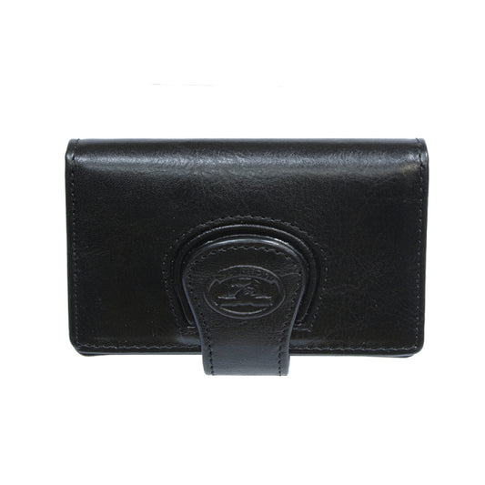 Tony Perotti Accademia 1440 nero black leather business card holder — front, with the flap tab carrying the embossed oval turtle emblem
