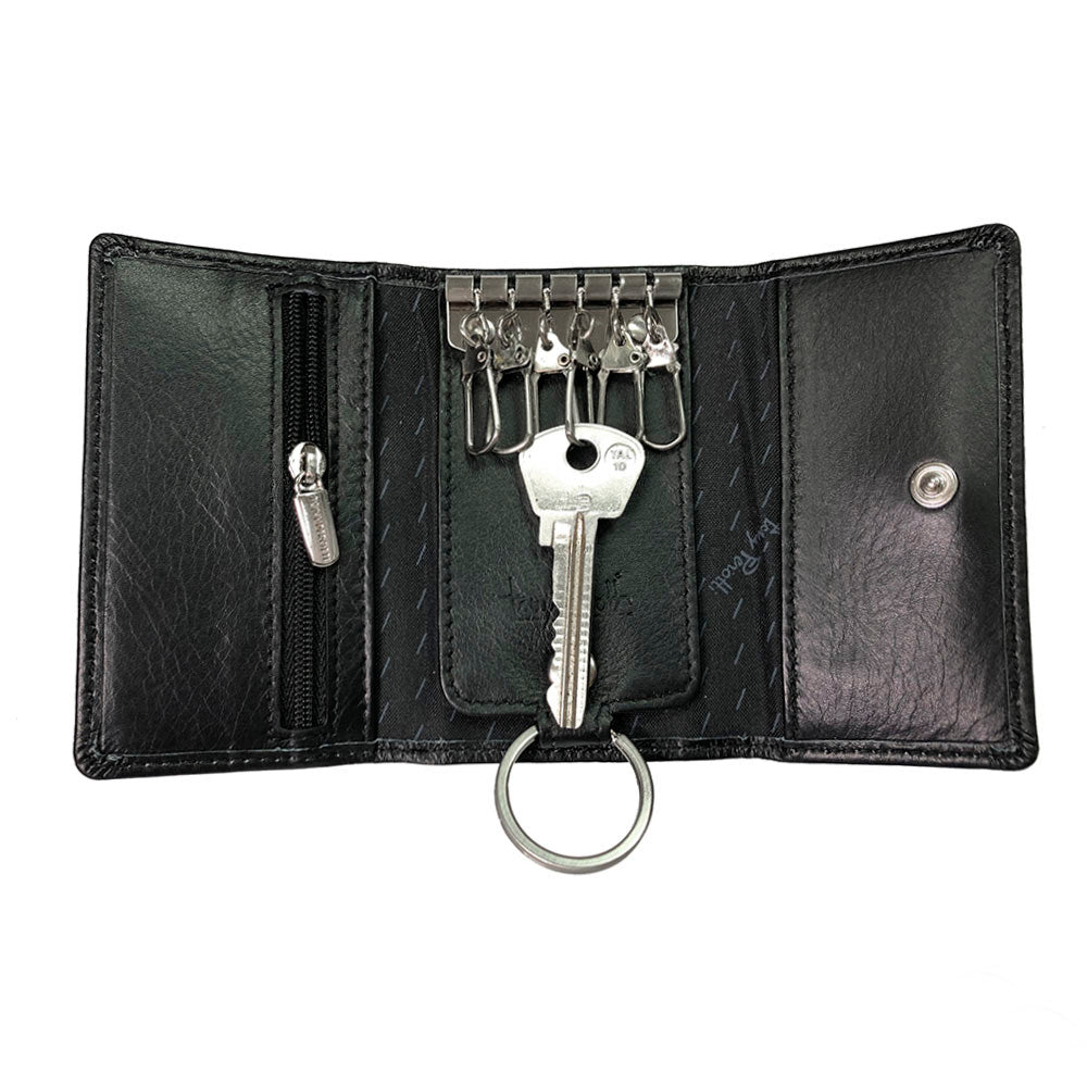 Tony Perotti New Rainbow 1117 nero — opened: six snap hooks on the bar, the zip pocket on the left and the big ring on a leather tab below