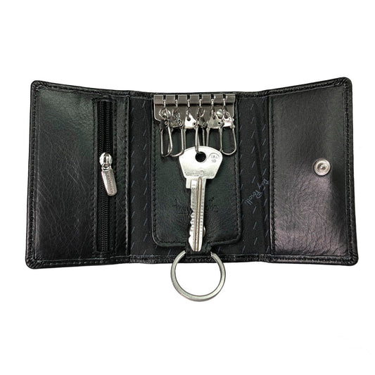 Tony Perotti New Rainbow 1117 nero — opened: six snap hooks on the bar, the zip pocket on the left and the big ring on a leather tab below