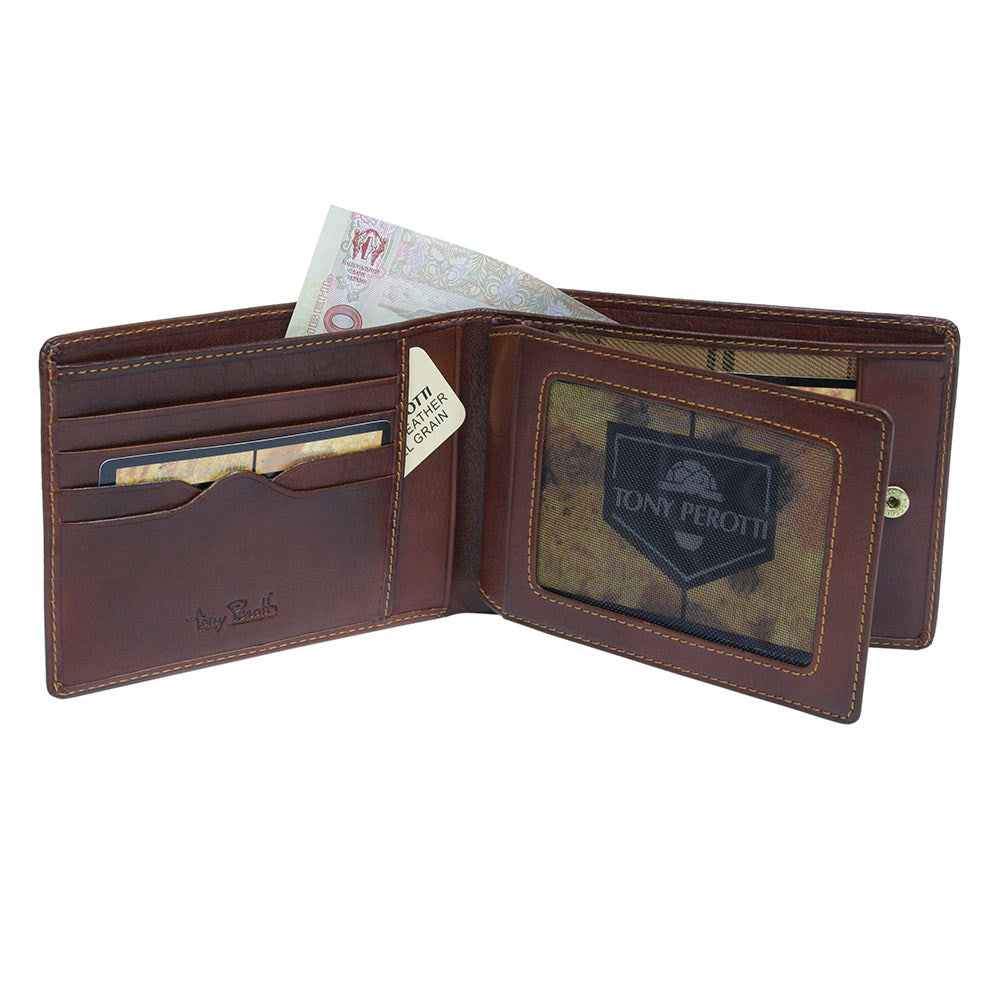 Cognac leather bifold wallet booklet ID feature — Tony Perotti Italico 314