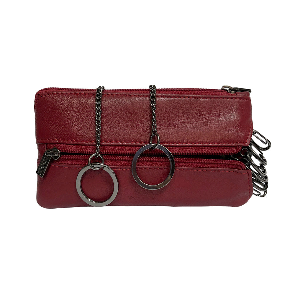 Tony Perotti Cortina 5021 rosso — both compartments open: two key rings on chains on the left, six snap hooks on the right